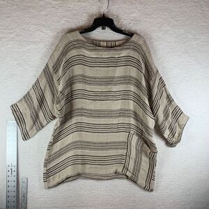 Sartoria Saracena Women's 3/4 Sleeve 100%‎ Linen Striped Ivory Blouse Top 8477